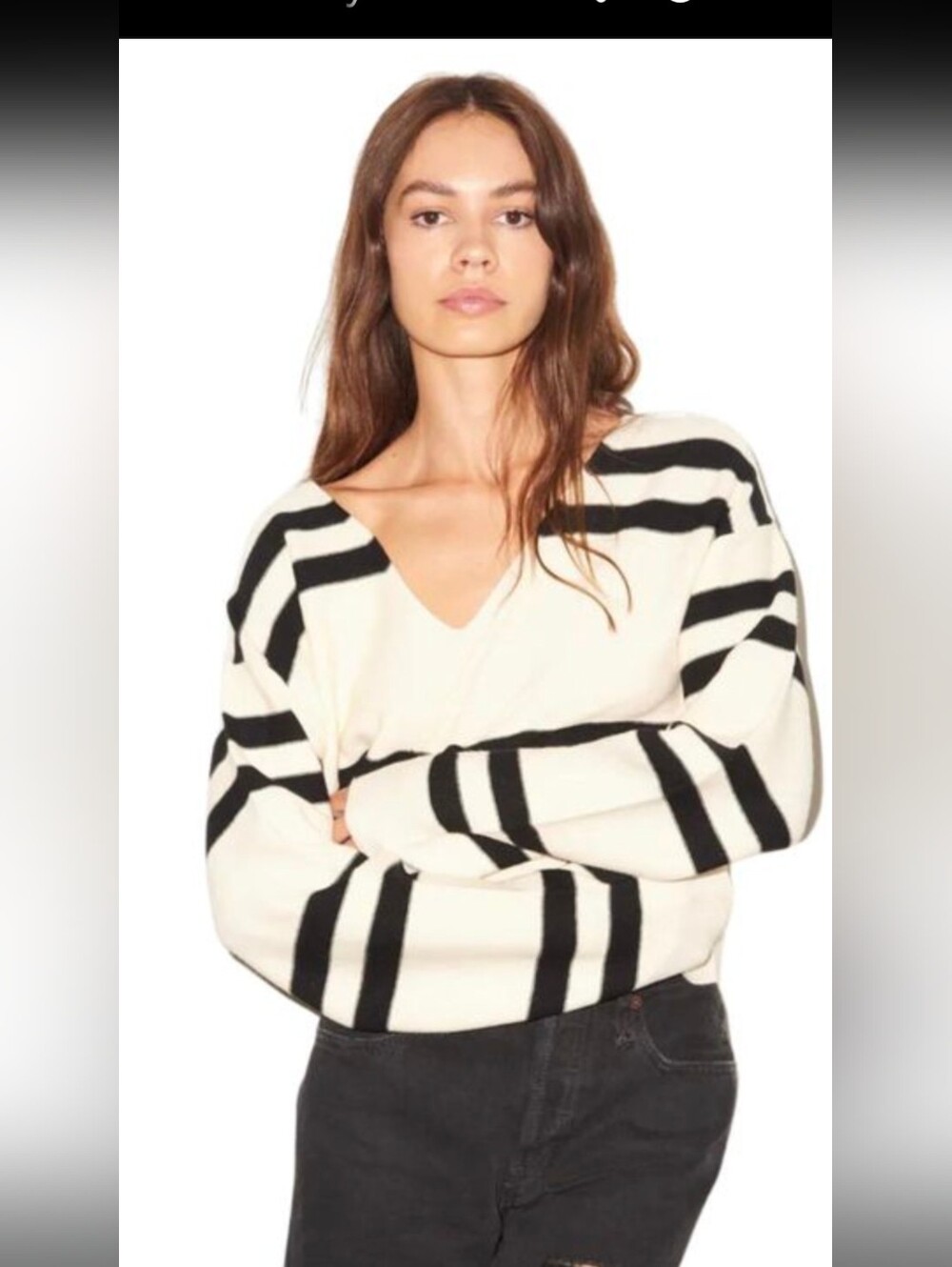 LNA Clothing Striped Boxy Cropped Lightweight Sweater Gray/Ivory Small